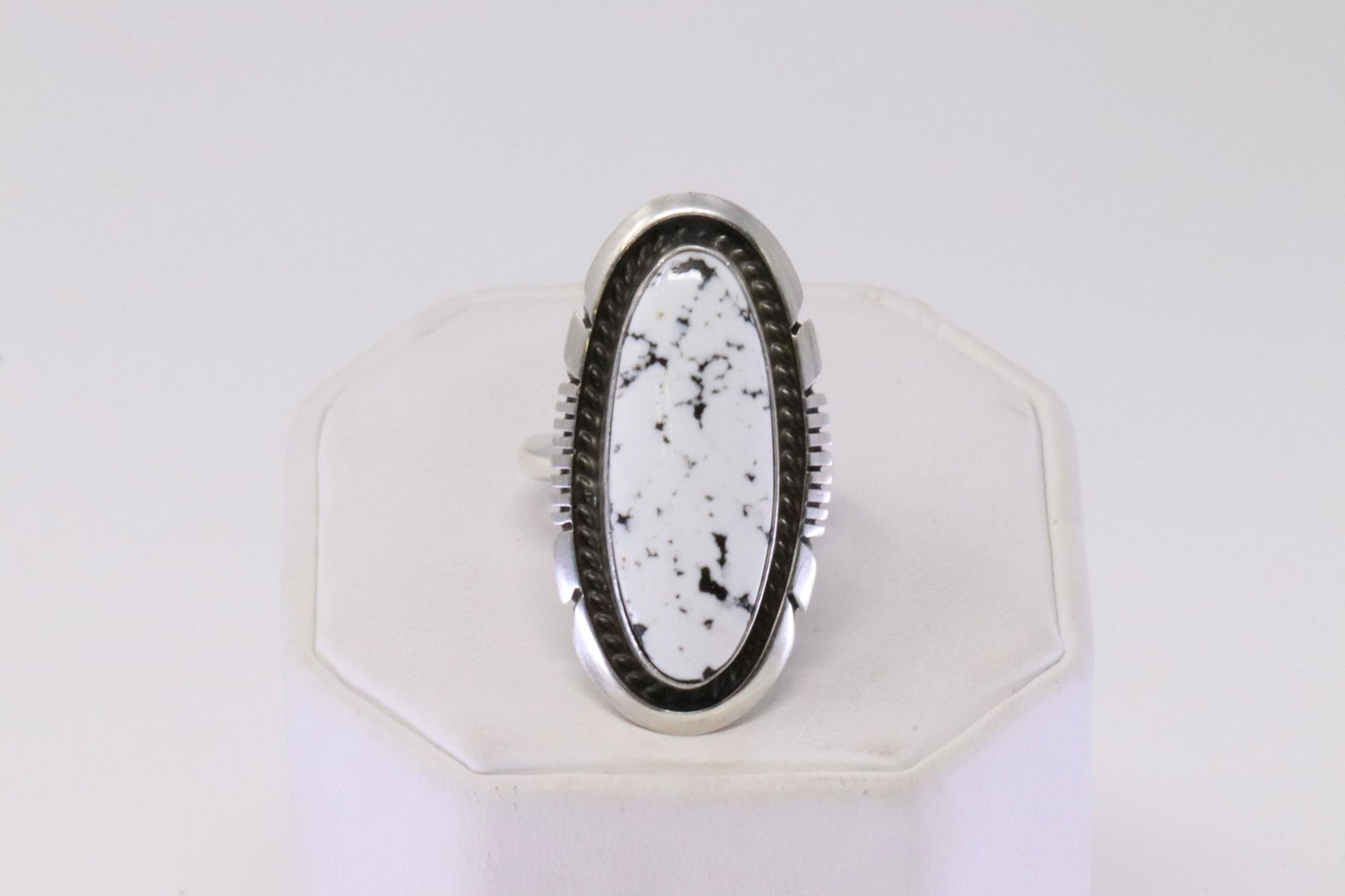Native America Navajo Handmade Sterling Silver White Buffalo Ring By AM. (1 of 4)