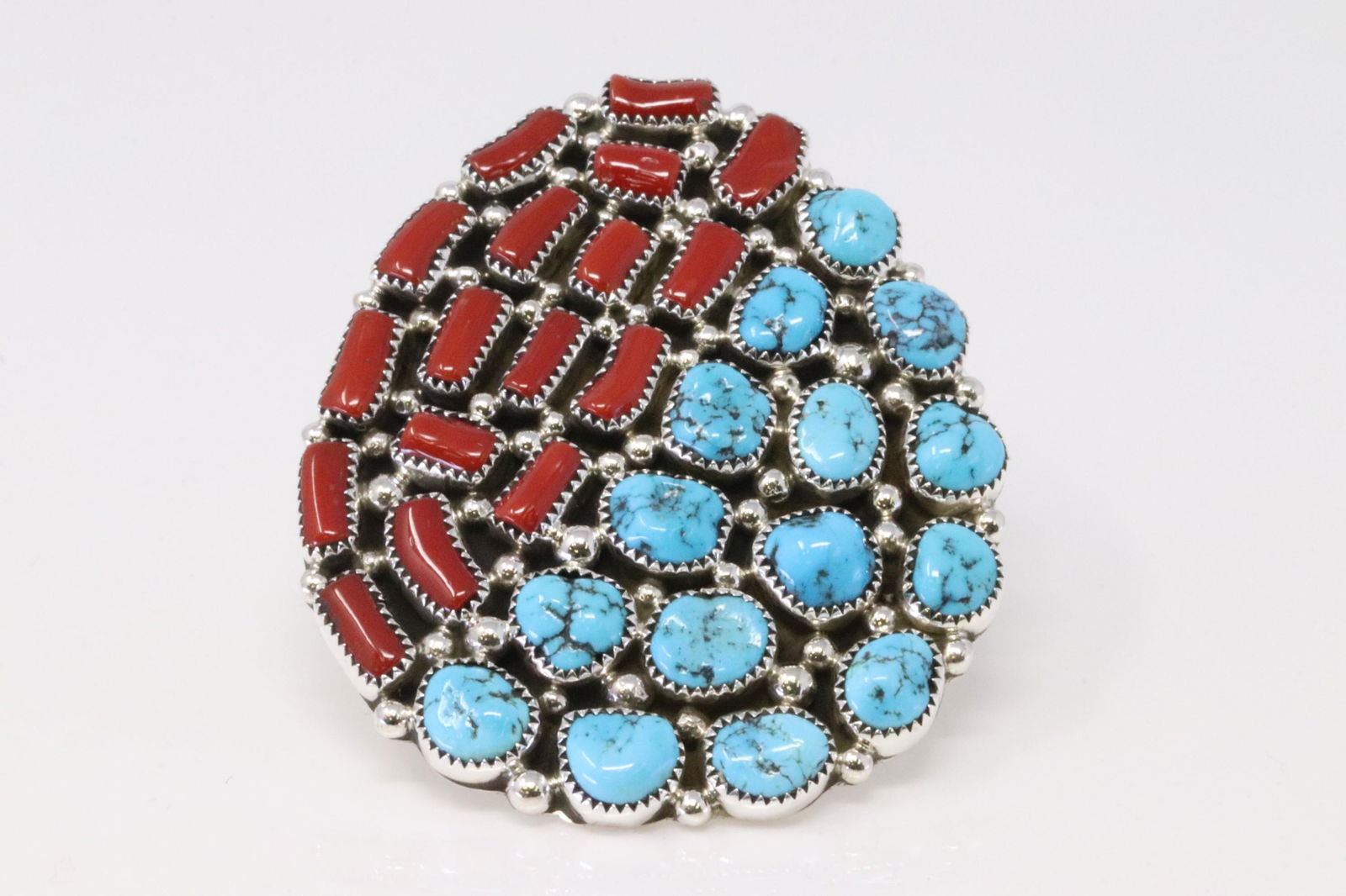 Native American Navajo Handmade Sterling Silver Coral / Turquoise Ring By M.H. (1 of 5)