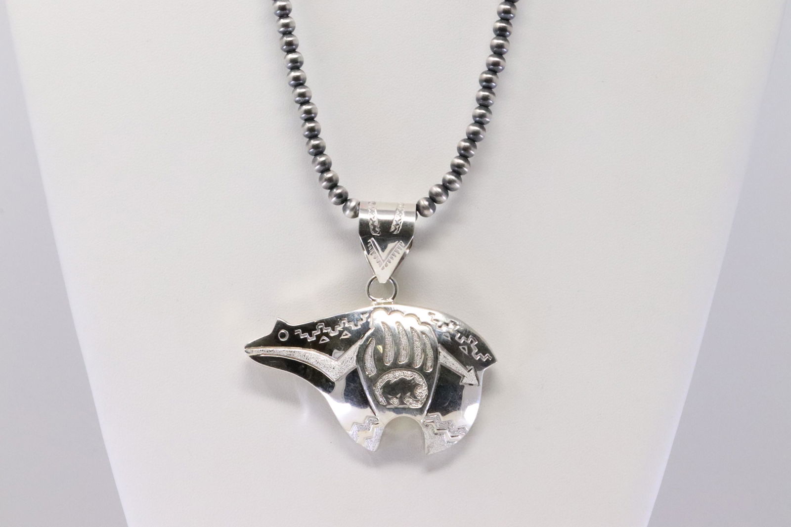 Native American Navajo Handmade Sterling Silver Solid Bear Pendant & Pearl Beaded Necklace By (1 of 5)