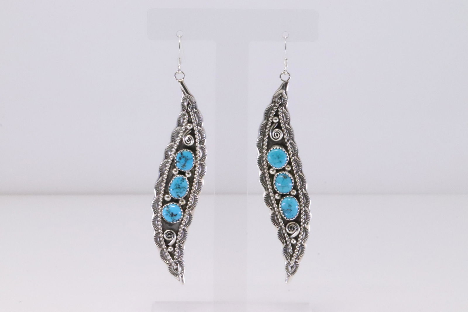 Native America Navajo Handmade Sterling Silver Leaf Turquoise Dangling Earring's By JH Etsitty. (1 of 4)