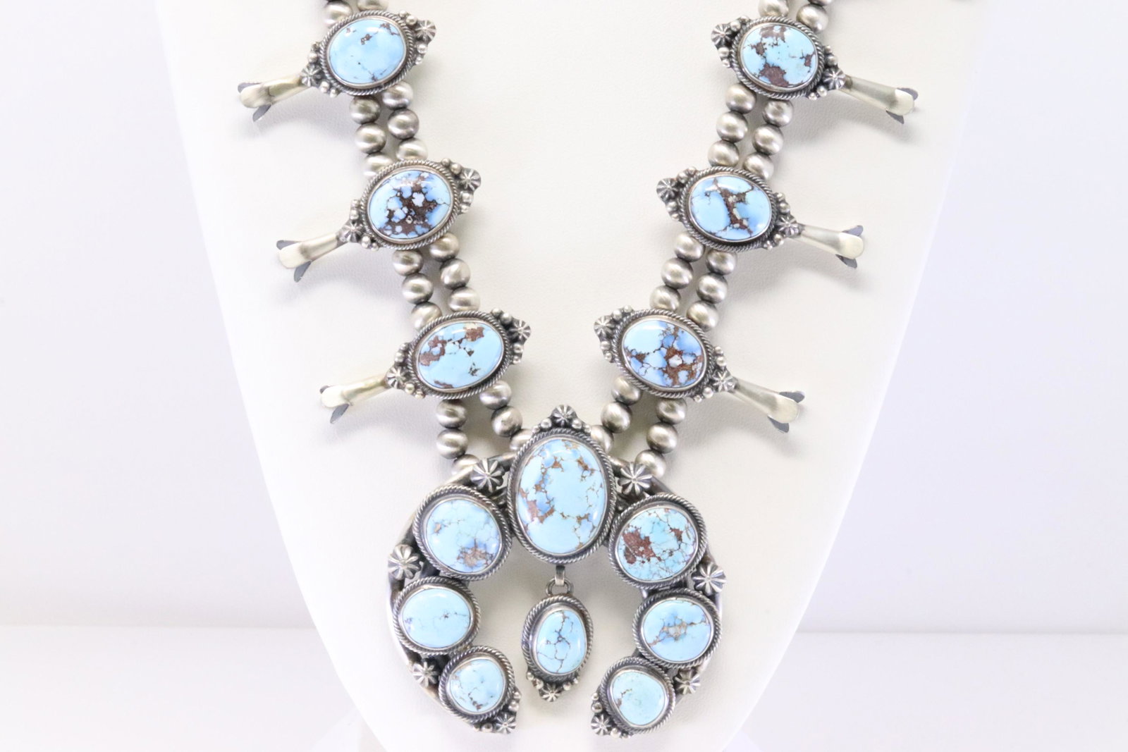 Native America Navajo Handmade Sterling Silver Golden Hill Turquoise Squash Blossom Necklace &: This is a Native America Navajo Handmade Sterling Silver Golden Hill Turquoise Squash Blossom Necklace & Earring's Set By Thomas Francisco. Necklace length: 26.00"