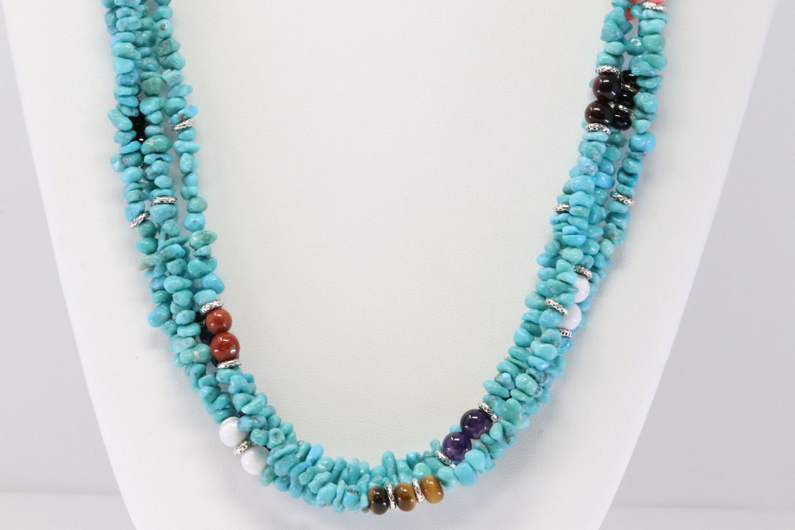 Native American Navajo Handmade Sterling Silver Multi-Strand Turquoise / Gemstone Necklace By T&R (1 of 5)