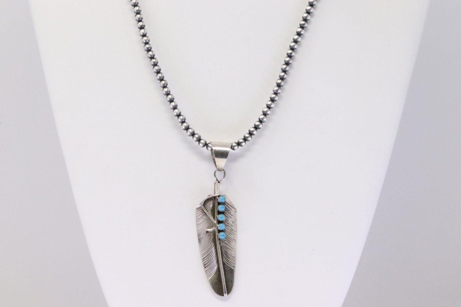 Native American Handmade Sterling Silver Feather Turquiose Pendant & Pearl Beaded Necklace By (1 of 4)