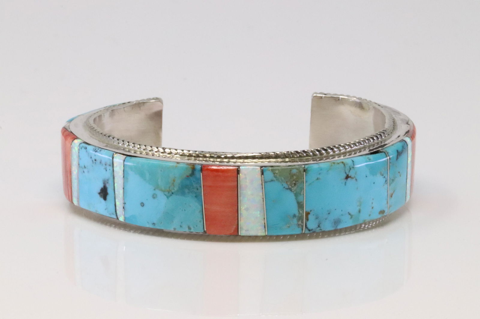 Native American Navajo Handmade Sterling Silver Multi-Color Inlay Bracelet By Avery Norton. (1 of 4)