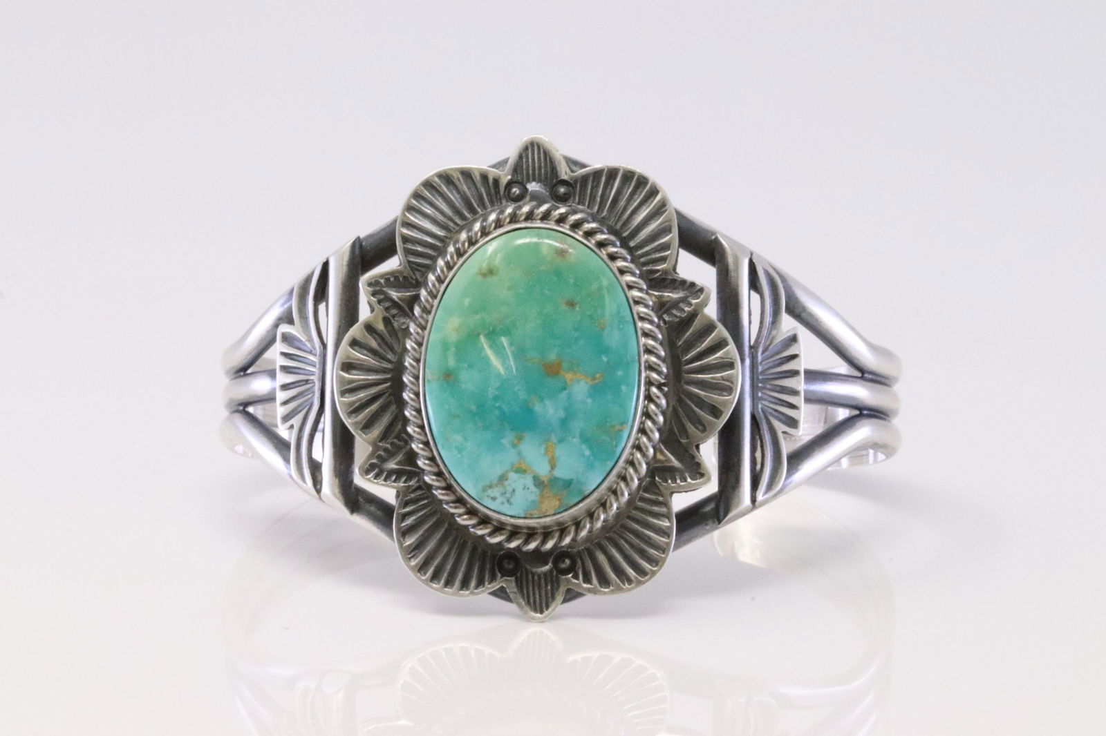 Native American Navajo Handmade Sterling Silver Emerald Vally Turquoise Bracelet By Mary Spencer. (1 of 4)