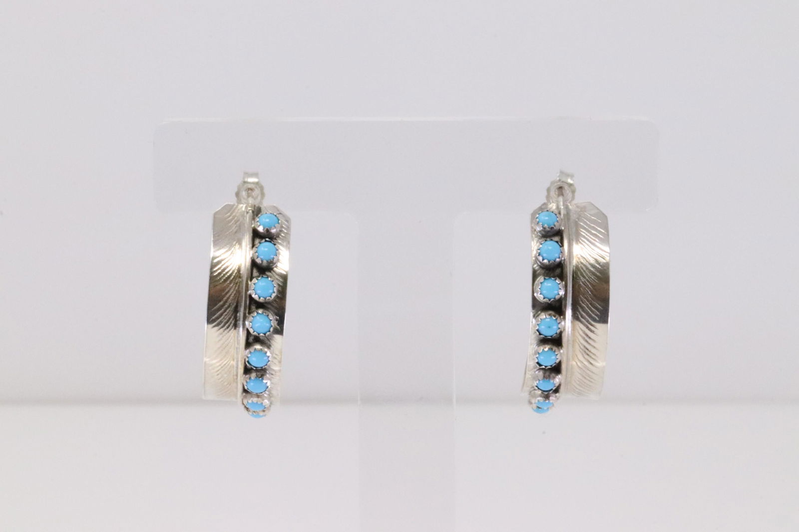 Native American Navajo Handmade Sterling Silver Feather Turquoise Hoop Earring's By B.Begay. (1 of 4)