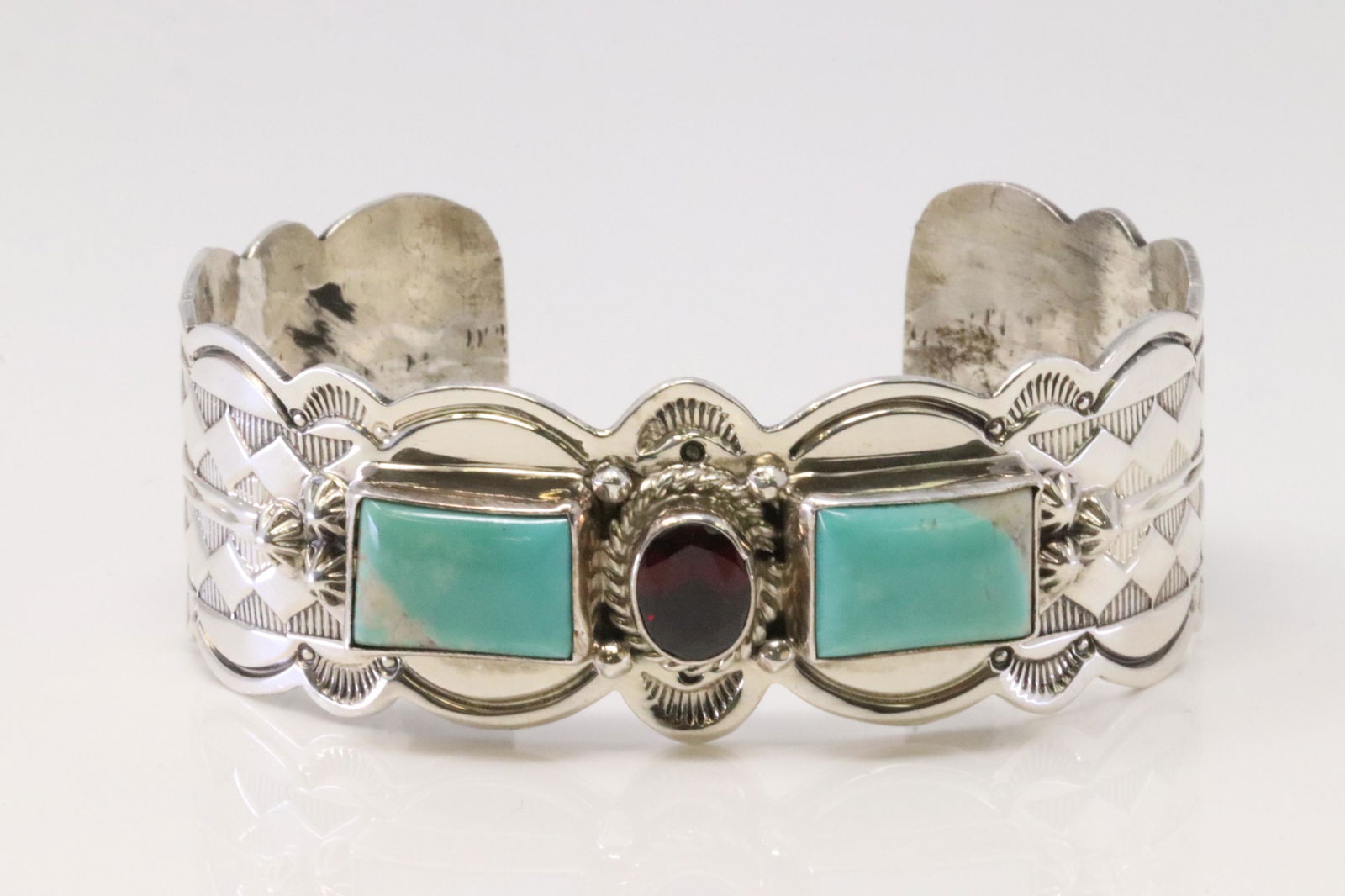 Native America Navajo Handmade Sterling Silver Turquoise / Garnet Bracelet By R.B. (1 of 4)