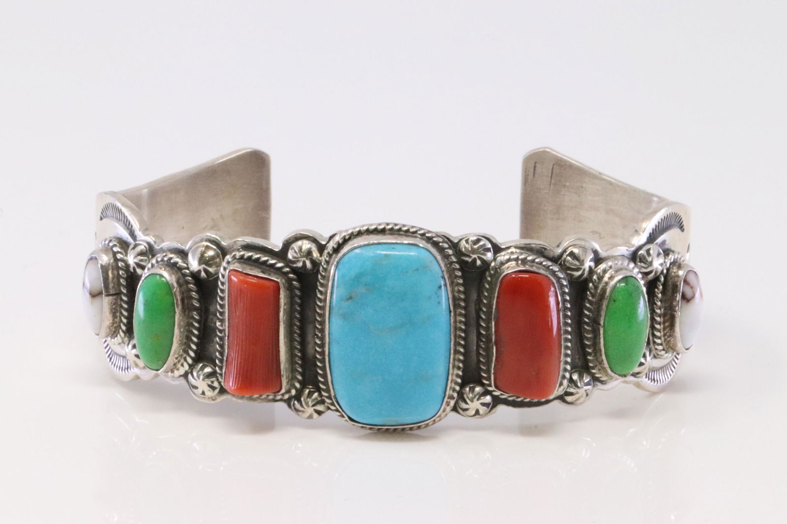 Native America Navajo Handmade Sterling Silver Multi-Color Bracelet By Shakey. (1 of 4)