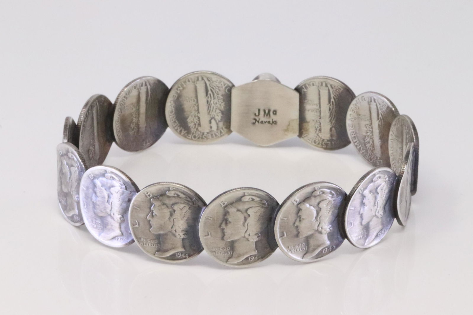 Native America Navajo Handmade Sterling Silver Turquoise Dime Cuff Bangle Bracelet By James McCabe. (1 of 4)