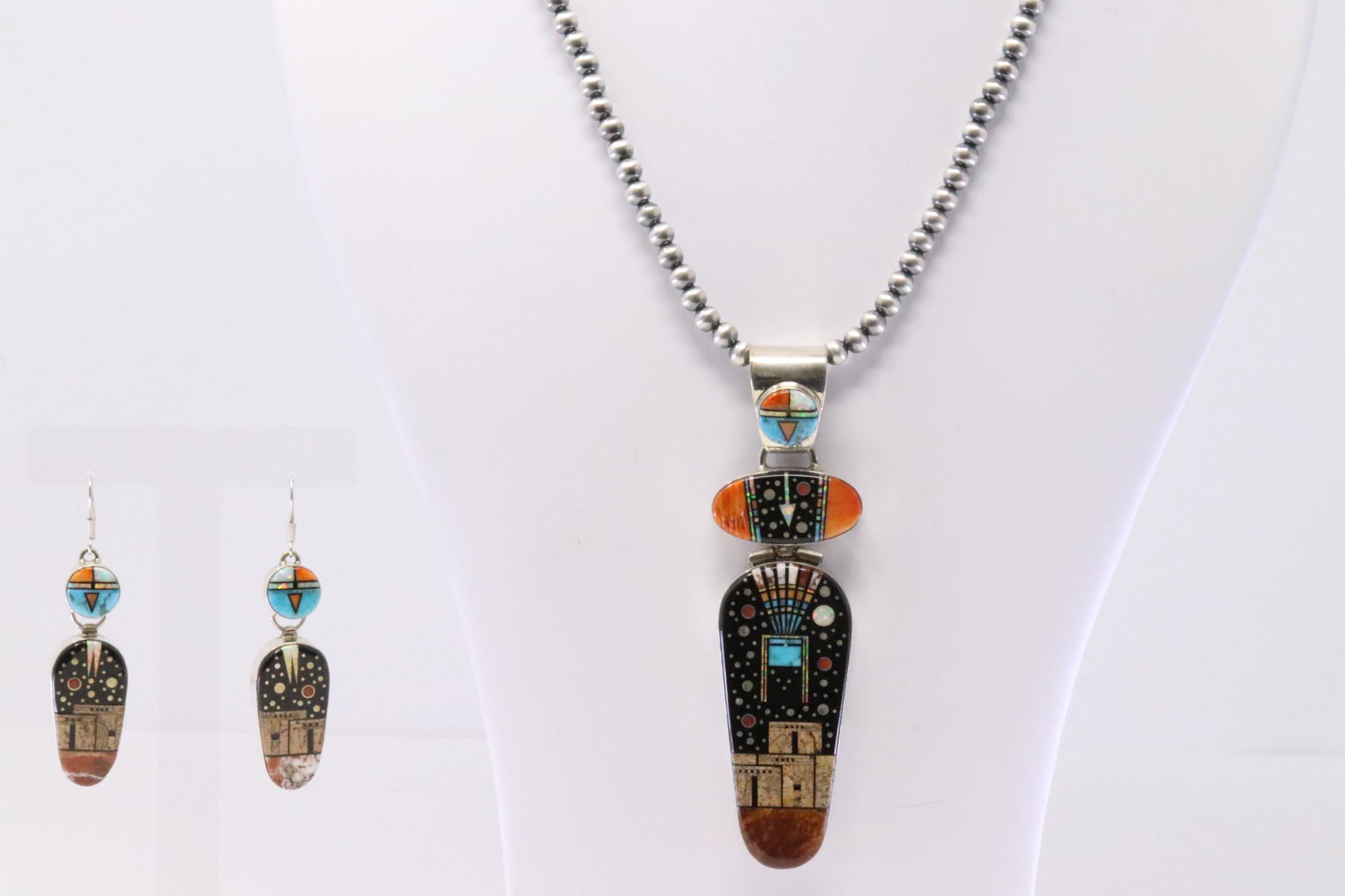 Native America Navajo Handmade Sterling Silver Night Sky Inlay Necklace & Earring's Set By Mathew (1 of 7)