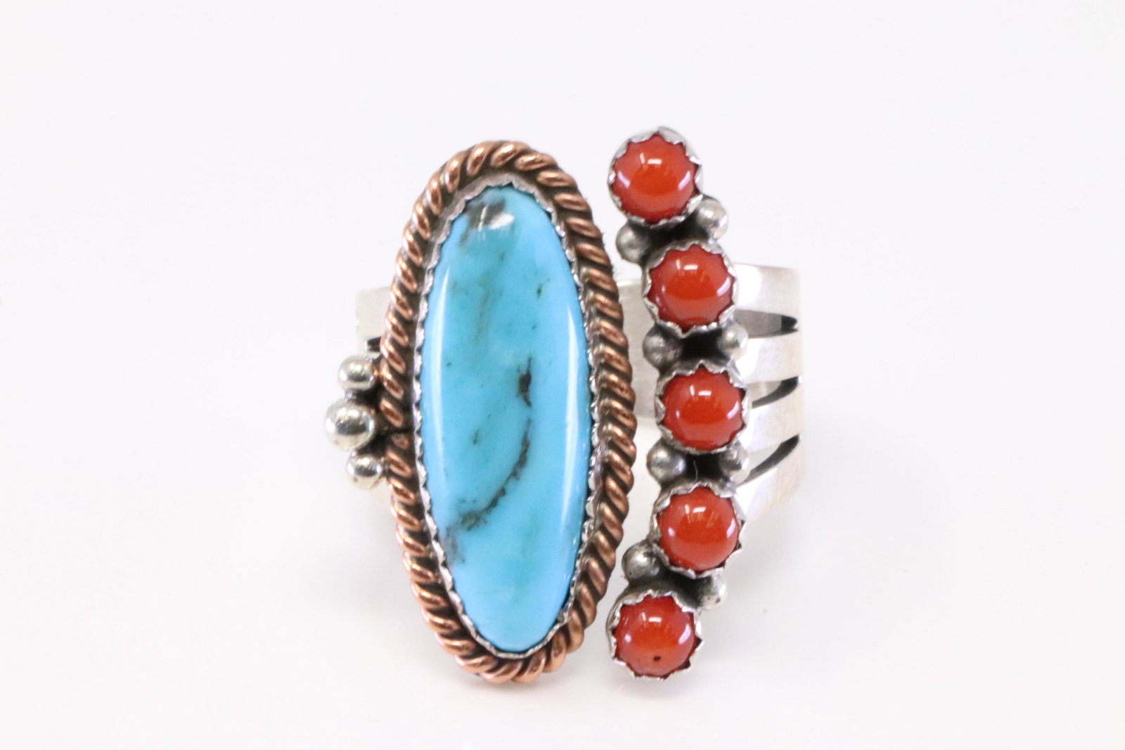 Native America Navajo Handmade Sterling Silver Coral / Turquoise Ring By RB. (1 of 4)