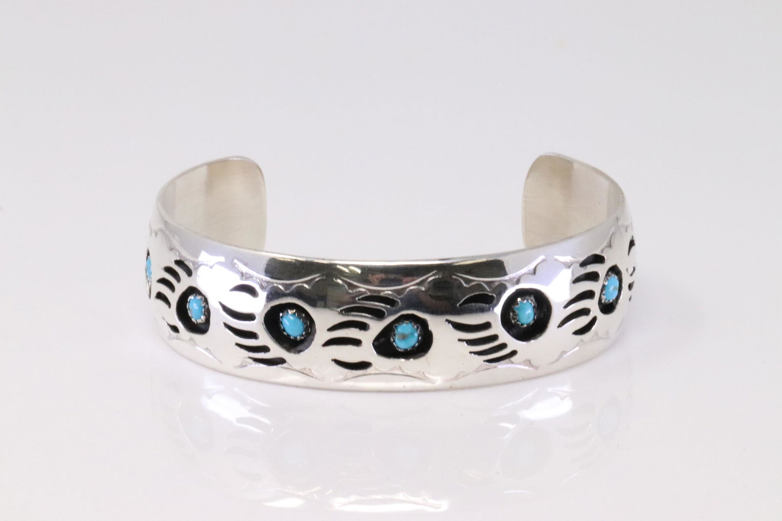 Native American Navajo Handmade Sterling Silver Paw Bear Turquoise Bracelet by Pearlene Spencer. (1 of 4)