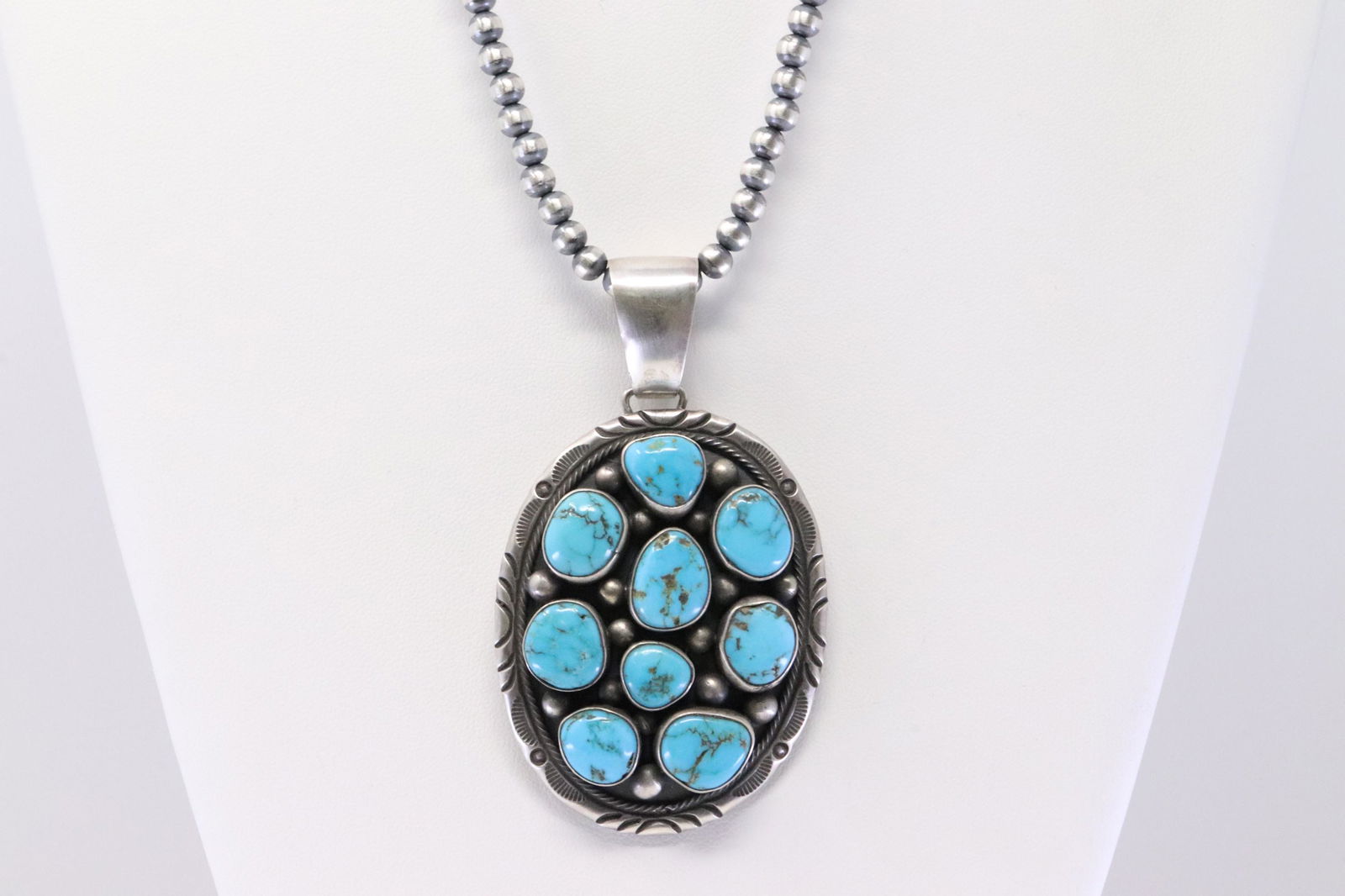 Native American Navajo Handmade Sterling Silver Turquoise Pendant & Beaded Necklace By Paul (1 of 4)