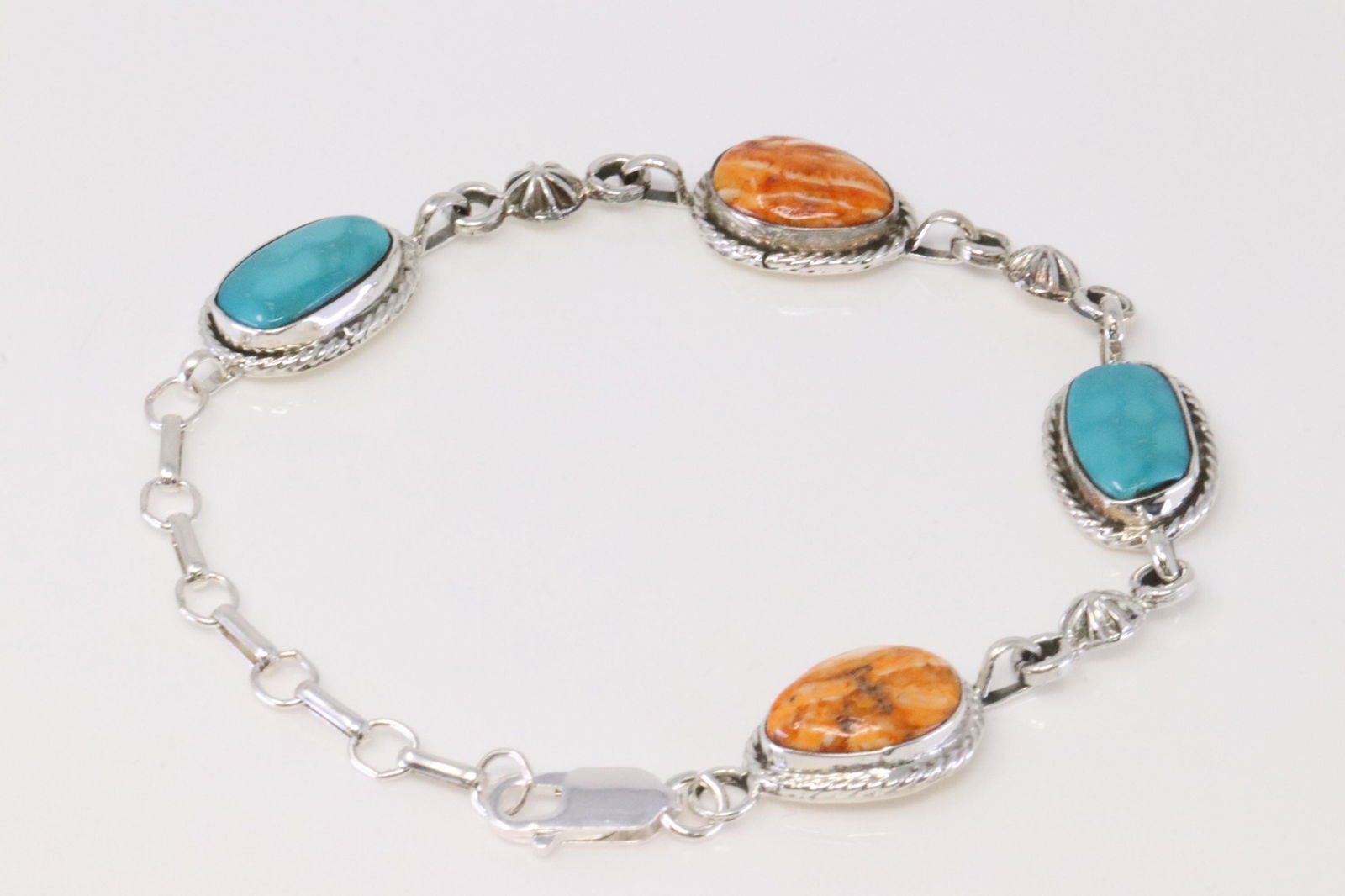 Native america Navajo Handmade Sterling Silver Spiny Oyster / Turquoise Link Bracelet By Mark (1 of 4)