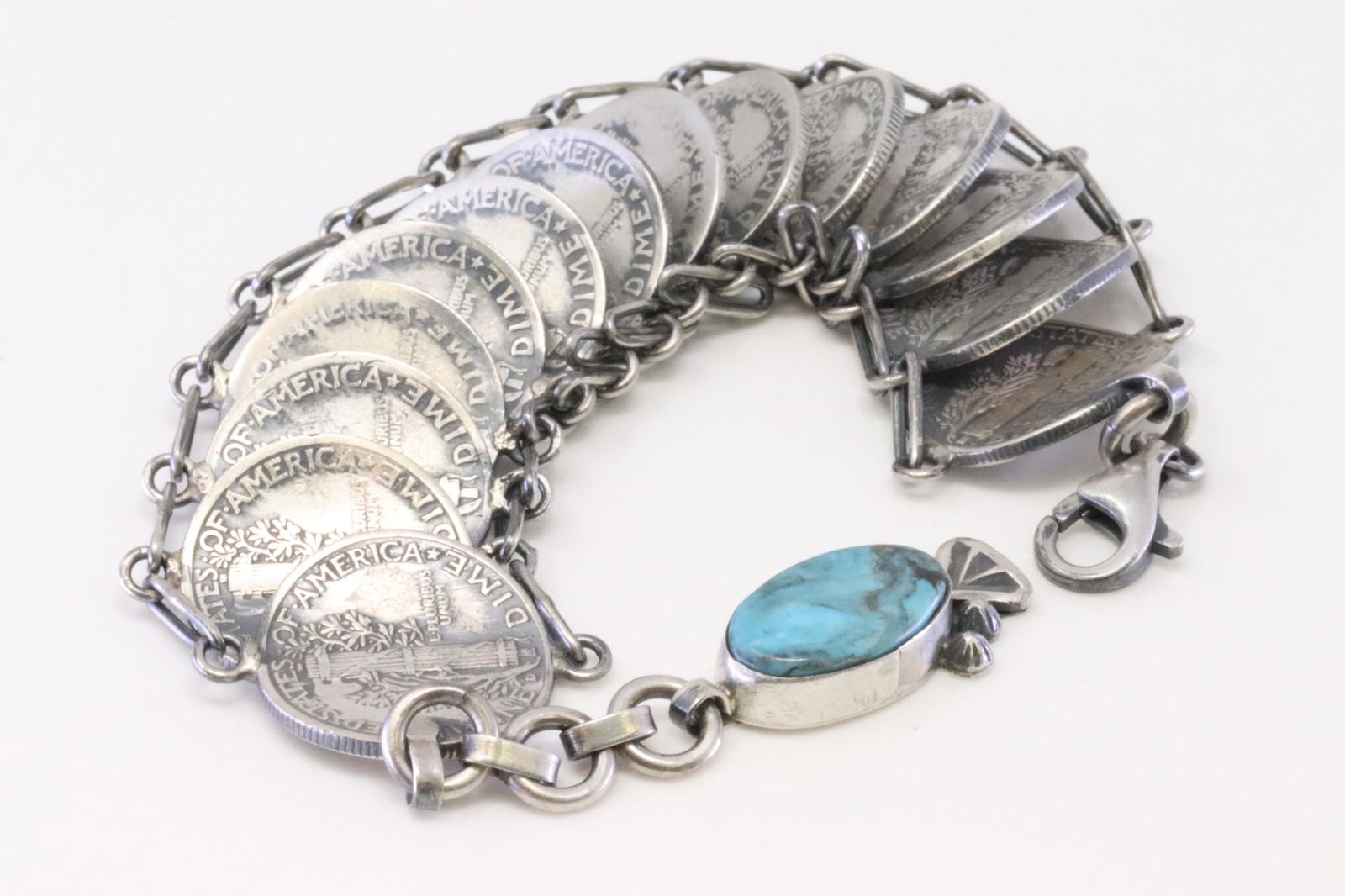 Native America Handmade Navajo Sterling Silver Liberty Coin Turquoise Link Bracelet By James McCabe. (1 of 4)
