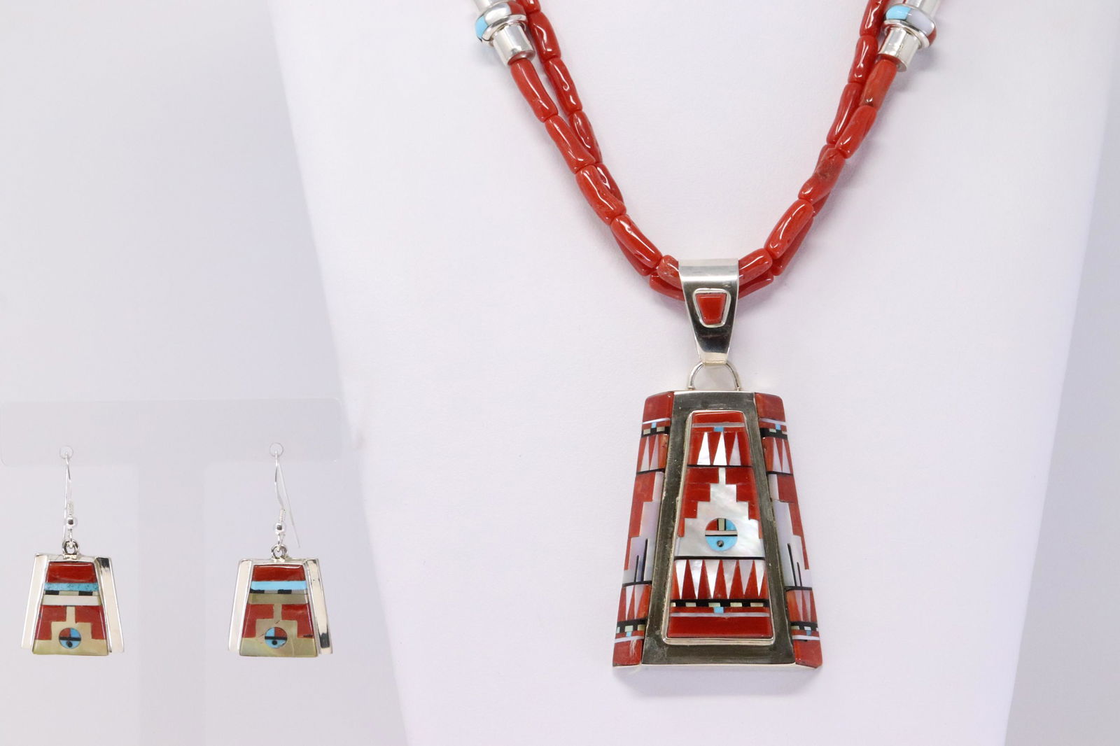 Native American Zuni Handmade Sterling Silver Multi-Stone Inlay Sunface Necklace and Earring's Set (1 of 8)
