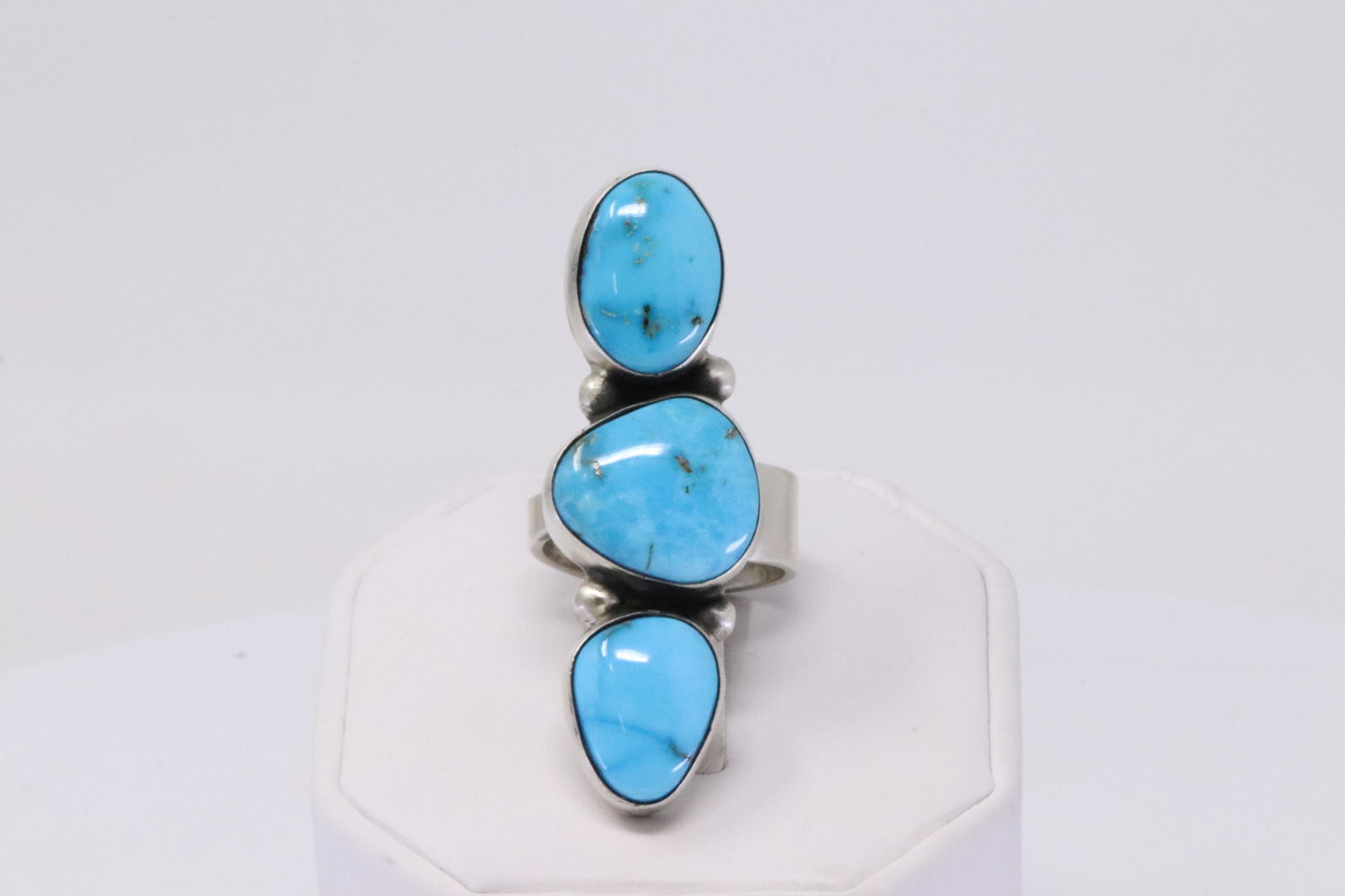 Native America Navajo Handmade Sterling Silver Turquoise Ring 3 Stone Cuff By Livingston. (1 of 4)