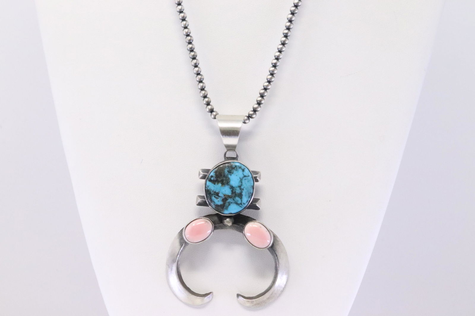 Native America Navajo Handmade Sterling Silver Turquoise / Pink Stone Pendant & Necklace By Chimney (1 of 5)