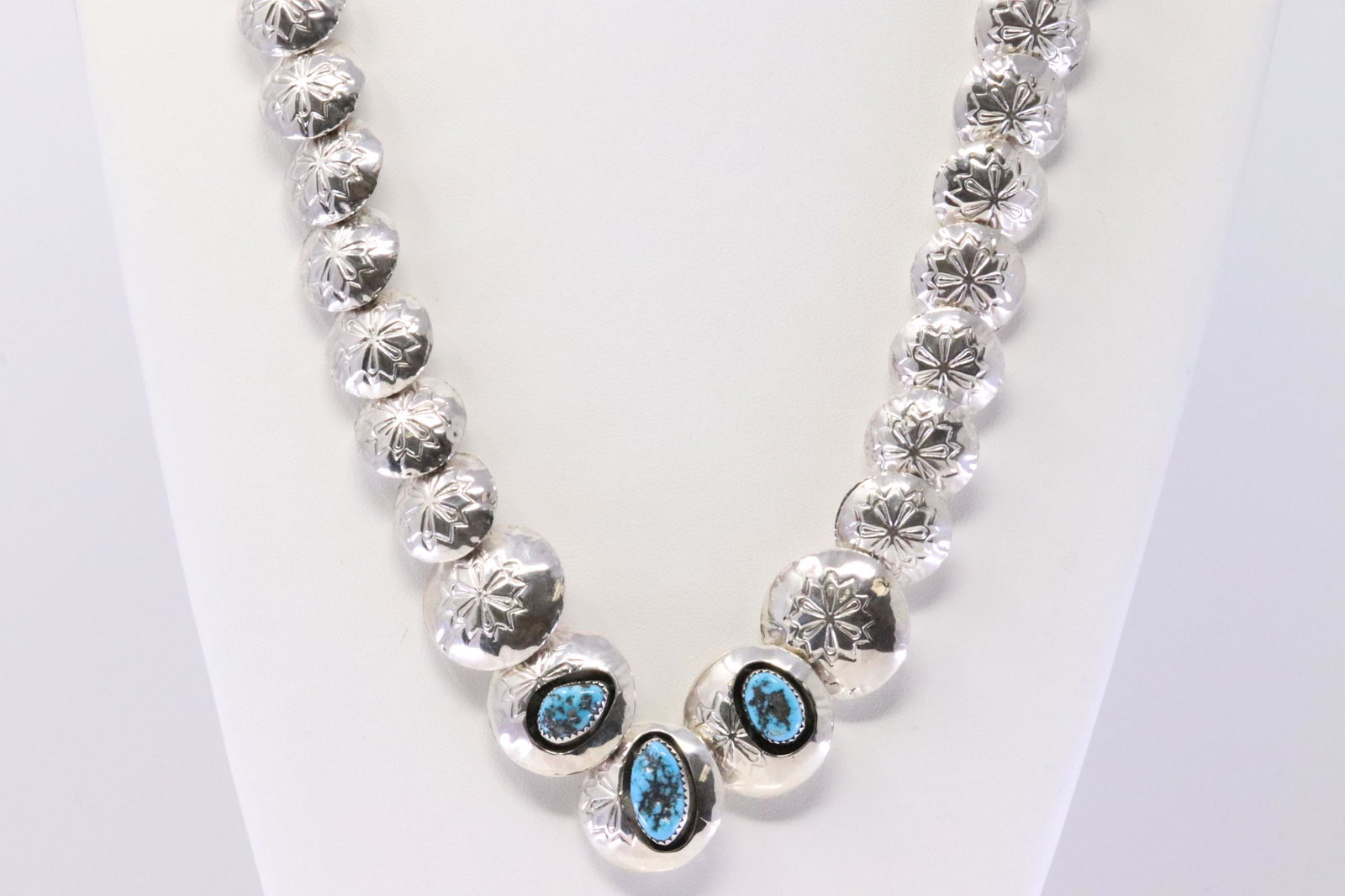 Native American Navajo Handmade Sterling Silver Turquoise Beaded Necklece & Earring's Set. (1 of 7)