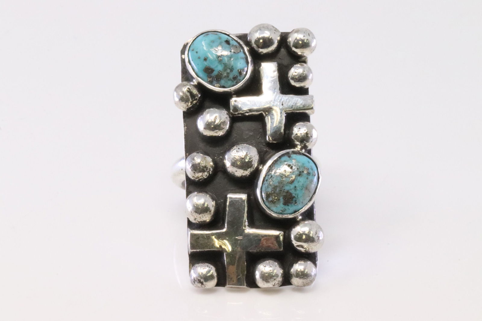 Native america Navajo Handmade Sterling Silver Cross Turquoise Ring By Chimney Butte. (1 of 4)
