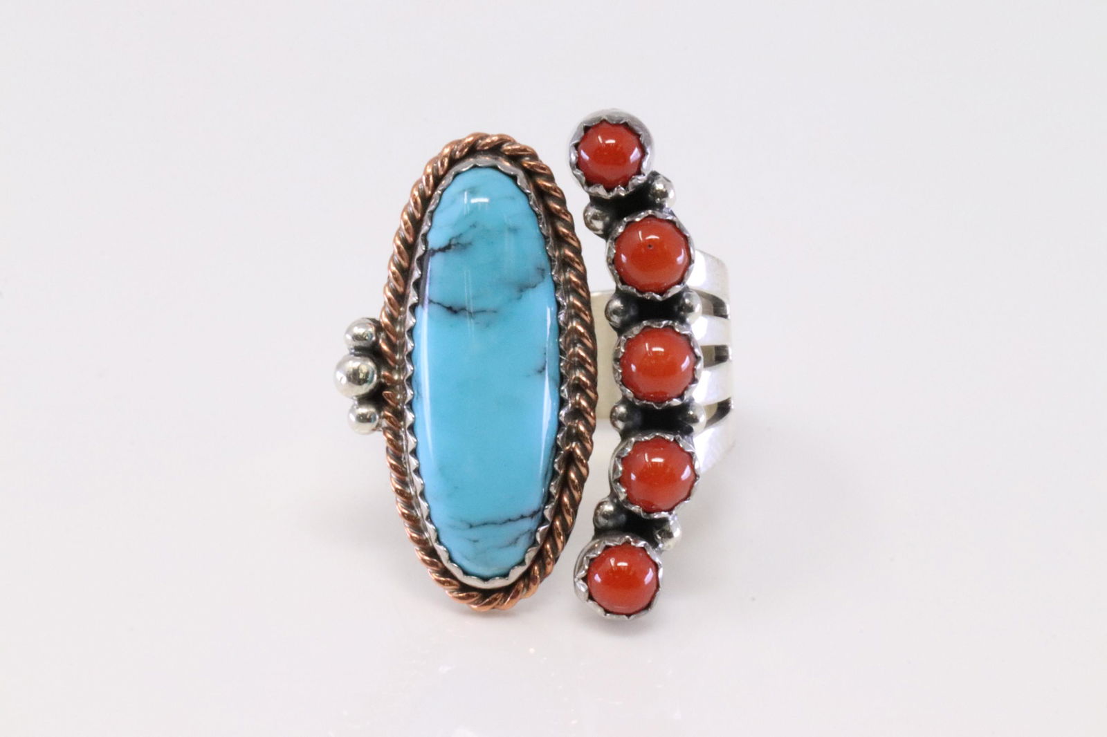 Native America Navajo Handmade Sterling Silver Coral / Turquoise Ring By R.B. (1 of 4)