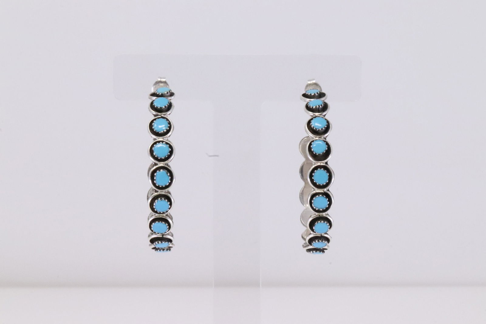 Native America Zuni Handmade Sterling Silver Turquoise Hoop Earring's. (1 of 4)