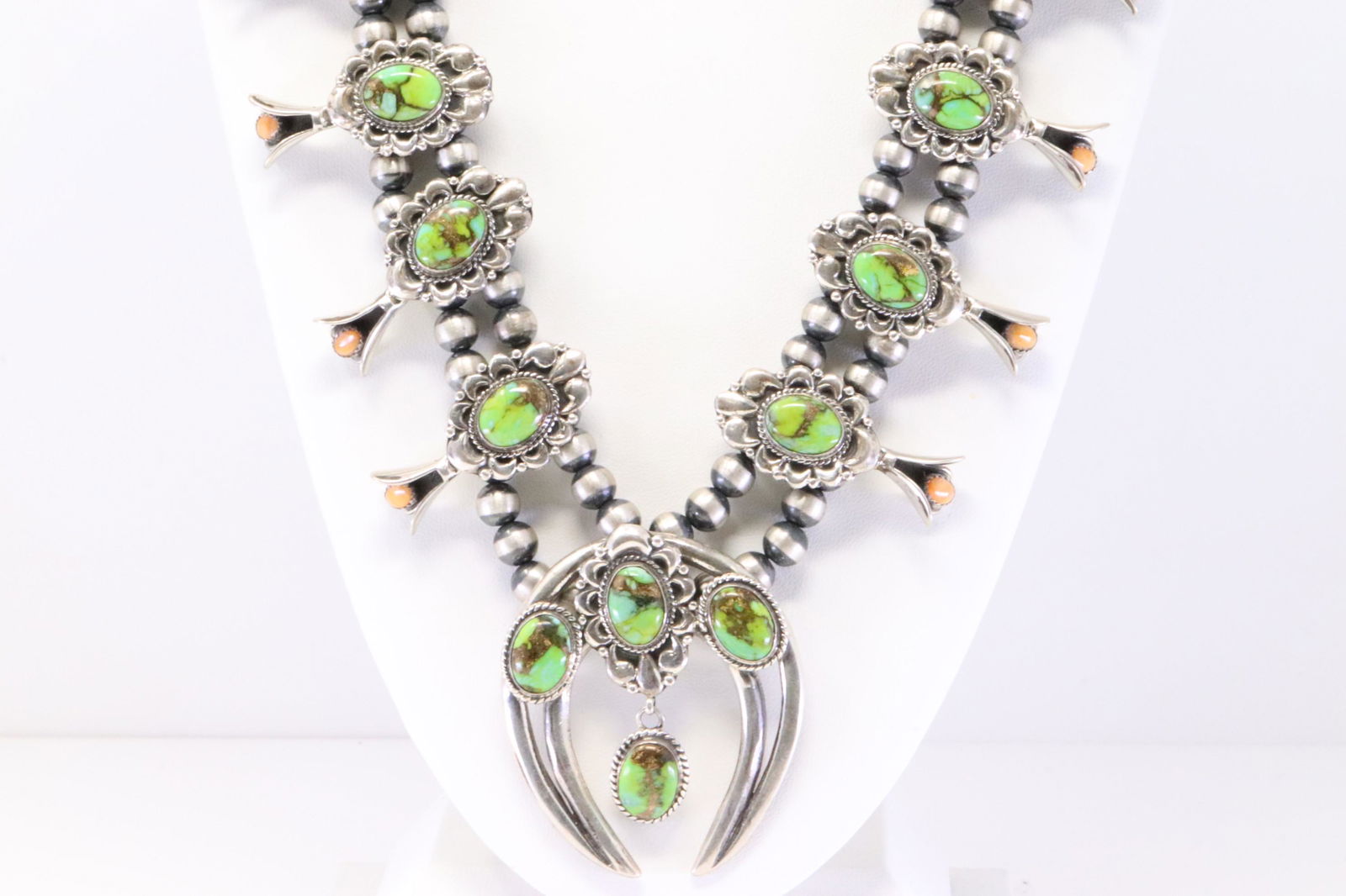 Native America Navajo Handmade Sterling Silver Spiny Oyster / Turquoise Squash Blossom Necklace By (1 of 5)