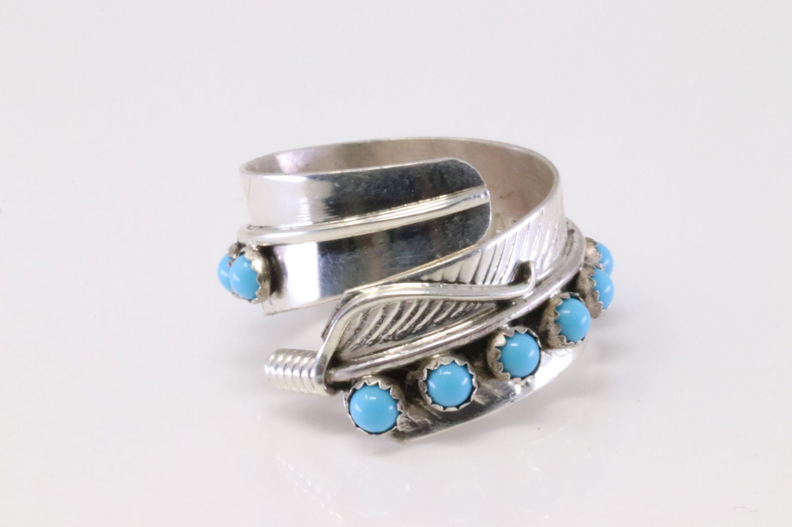 Native America Navajo Handmade Sterling Silver Turquoise Feather Ring By AD. (1 of 4)