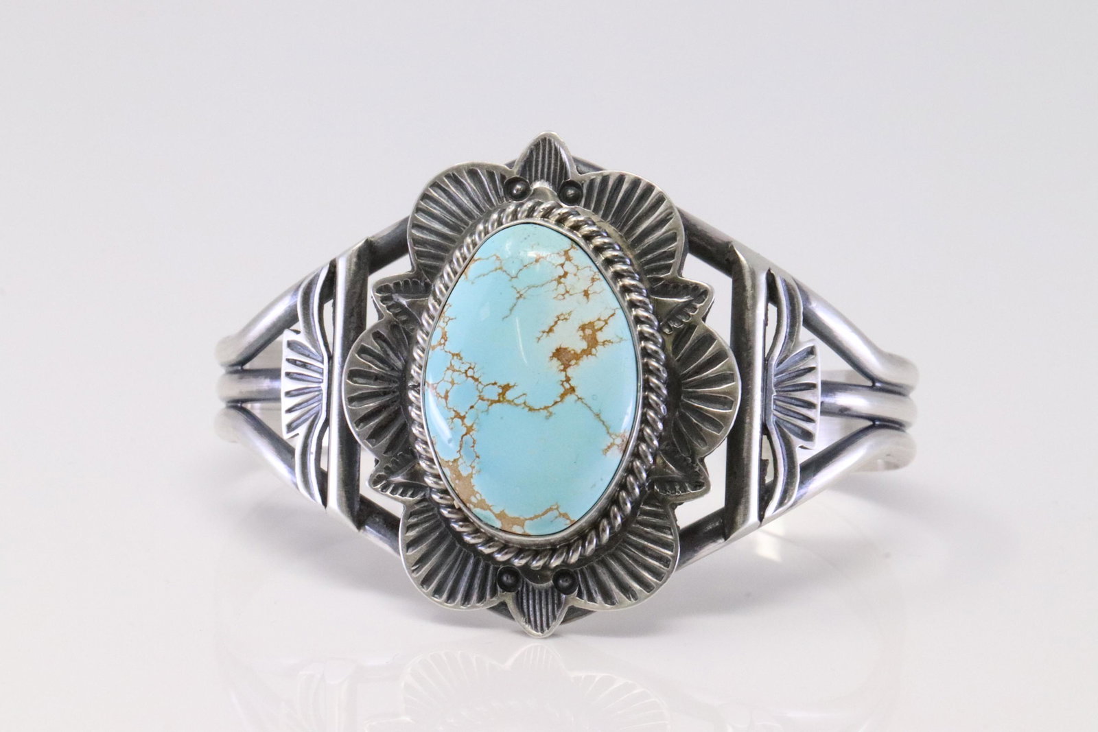 Native America Navajo Handmade Sterling Silver Turquoise Bracelet By Mary Ann Spencer.: This is a Native America Navajo Handmade Sterling Silver Turquoise Bracelet By Mary Ann Spencer.