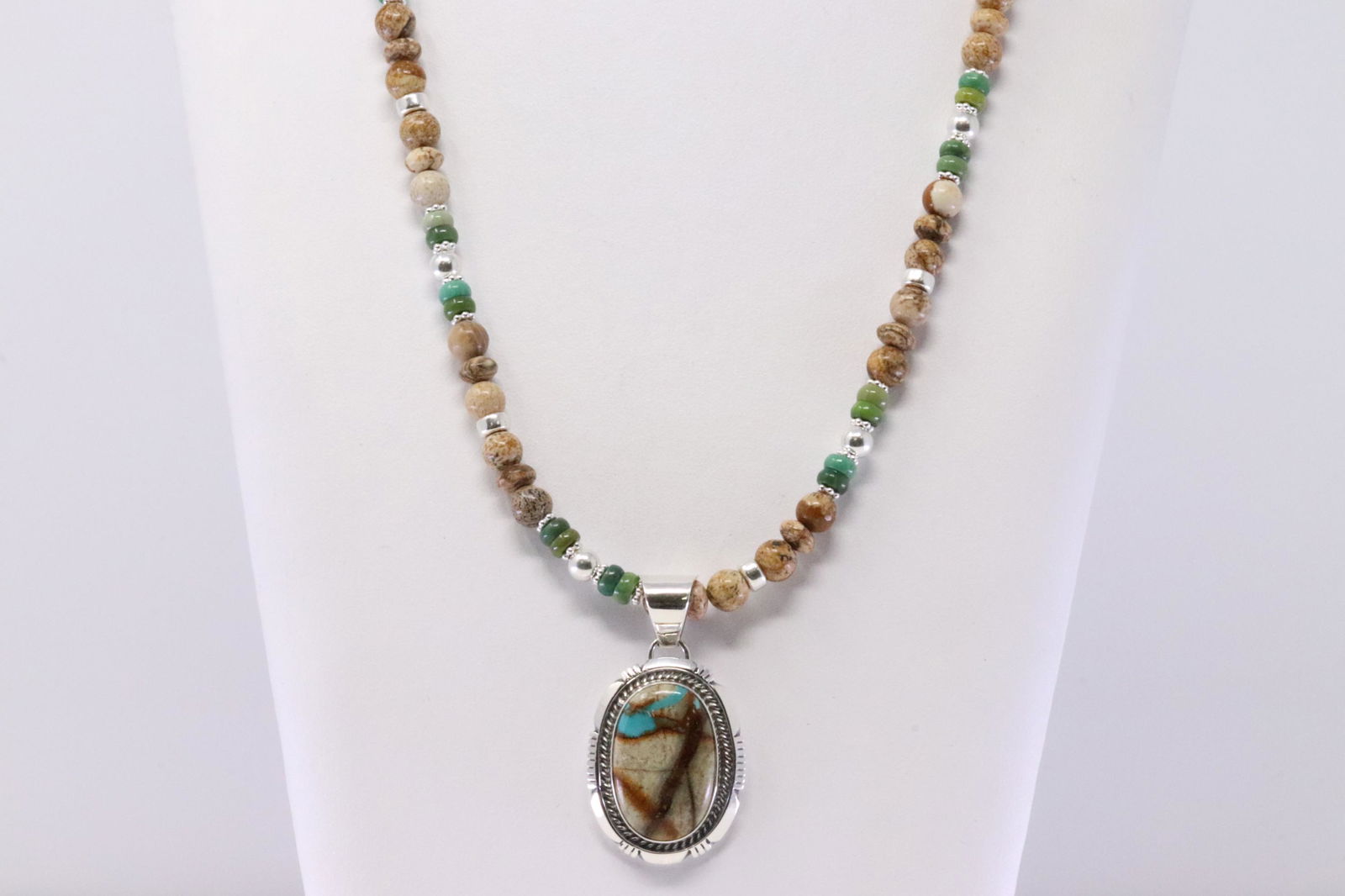 Native America Navajo Handmade Sterling Silver Turquoise Pendant With Beaded Stone Necklace By TF. (1 of 4)