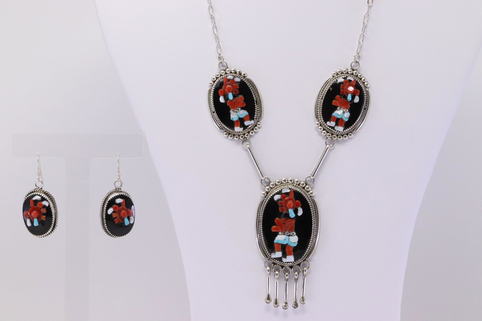 Native America Zuni Handmade Sterling Silver Multi-Color Necklace & Earring's Set By Beverly Etsate. (1 of 9)