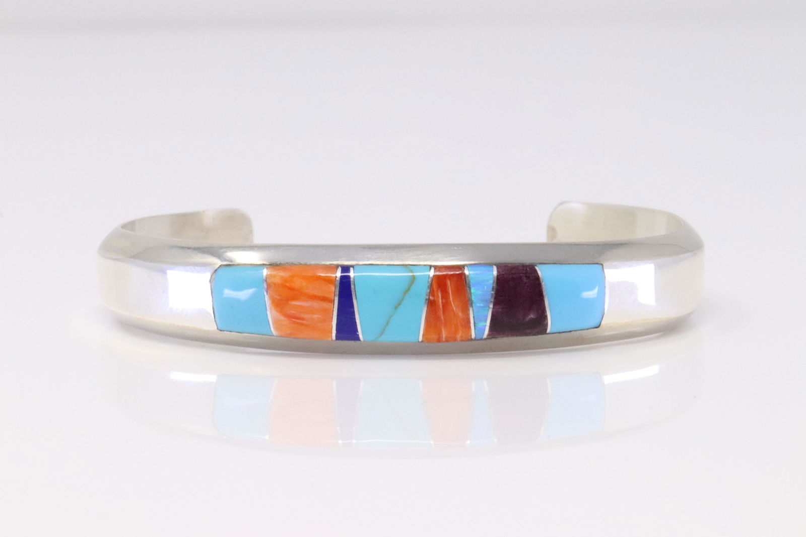 Native America Zuni Handmade Sterling Silver Multi-Color Stones Inlay Bracelet By M. (1 of 4)