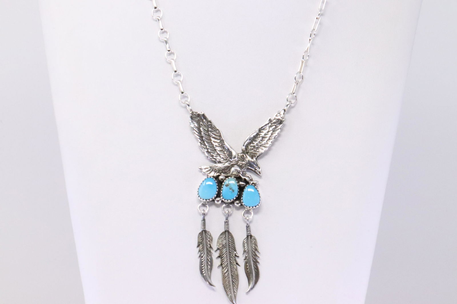 Native America Handmade Navajo Sterling Silver Turquoise Eagle Necklace By Henry Attakai. (1 of 4)