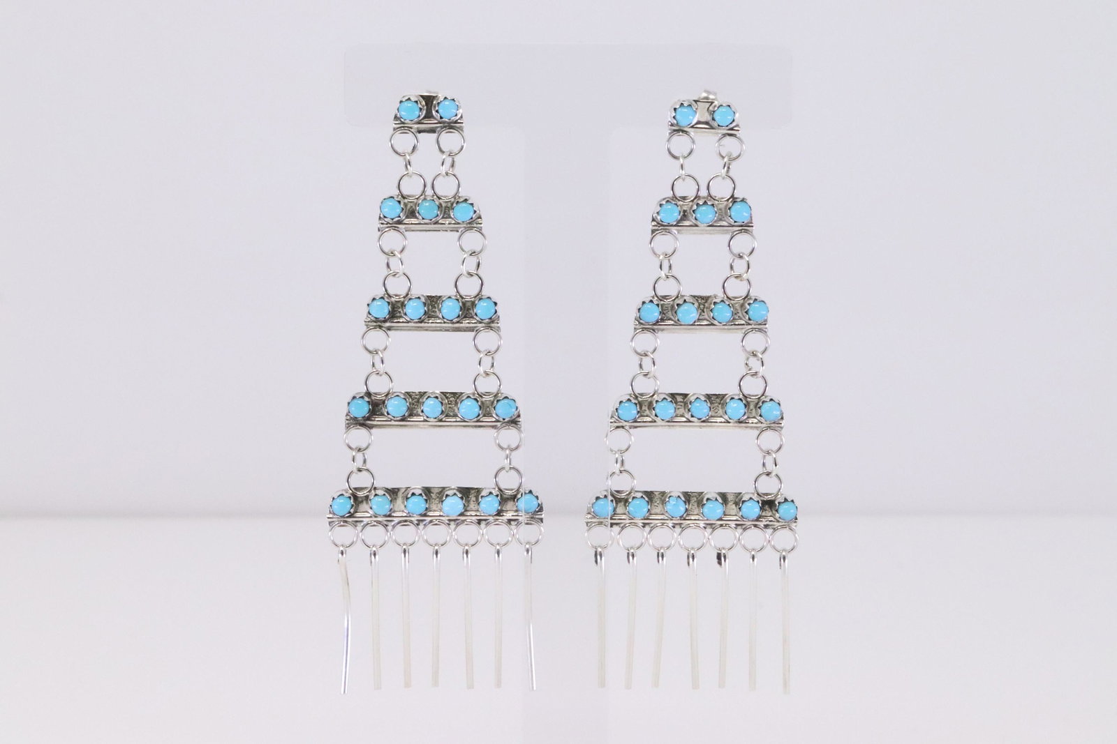 Native America  Zuni Handmade Sterling Silver Turquoise Cascading Dangling Earring's. (1 of 4)