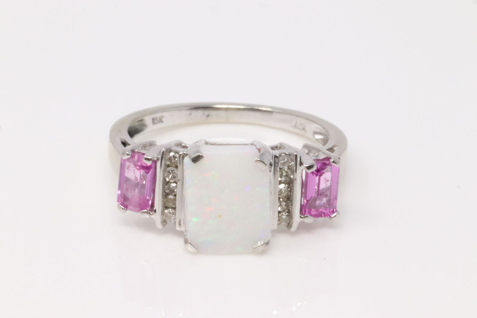White Gold Opal / Pink Topaz / Diamond Ring. (1 of 4)
