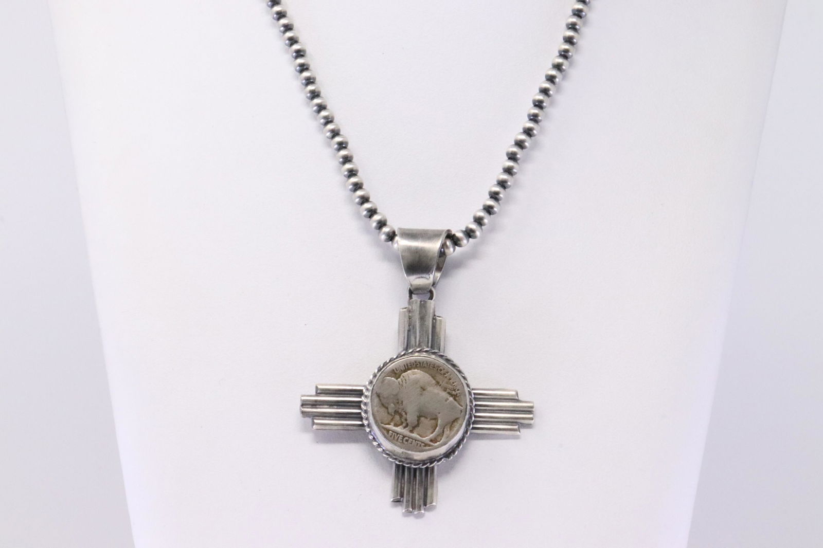 Native America Navajo Handmade Sterling Silver Nickel Buffalo Coin Pendant & Necklace By BJA. (1 of 4)