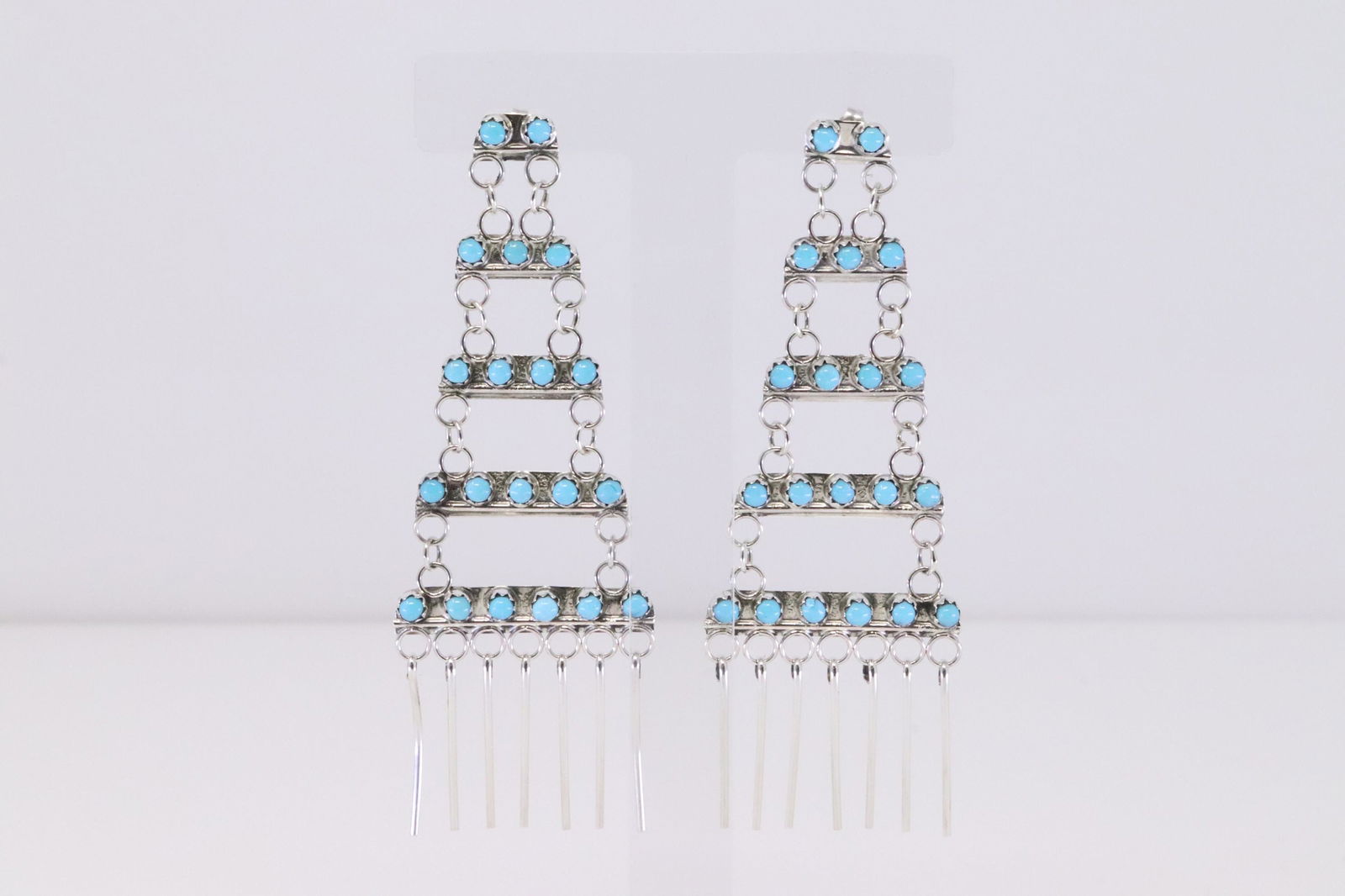 Native America  Zuni Handmade Sterling Silver Turquoise Cascading Dangling Earring's. (1 of 4)