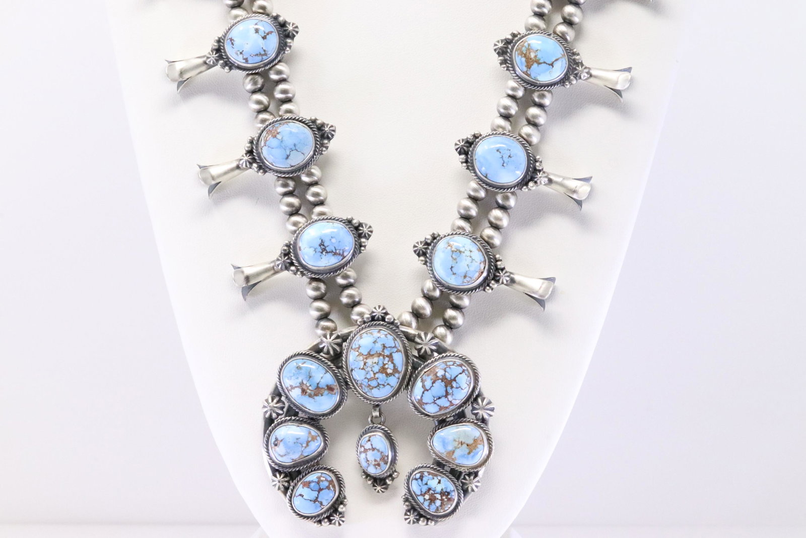 Native America Navajo Handmade Sterling Silver Golden Hill Turquoise Squash Blossom Necklace &: This is a Native America Navajo Handmade Sterling Silver Golden Hill Turquoise Squash Blossom Necklace & Earring's Set By Thomas Francisco. Necklace length: 26.00"