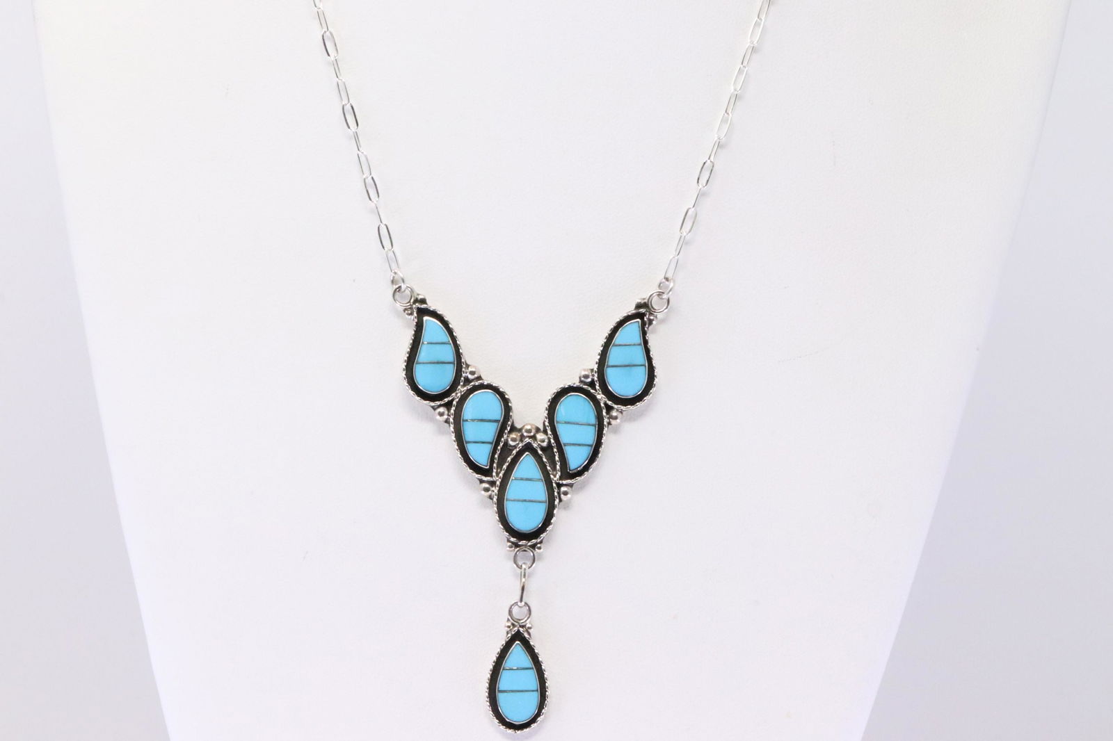 Native America Zuni Handmade Sterling Silver Turquoise Inlay Necklace & Earring's Set By Faye (1 of 6)