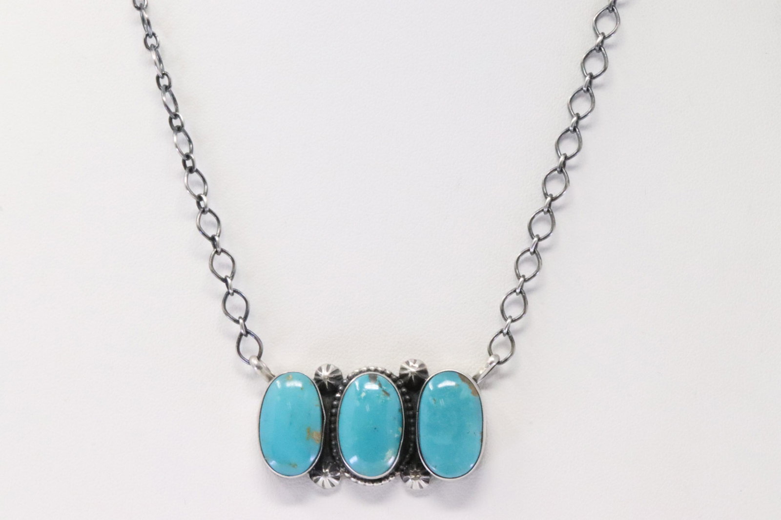 Native America Navajo Handmade Sterling Silver Turquoise Necklace By J.J.: This is a Native America Navajo Handmade Sterling Silver Turquoise Necklace By J.J. Necklace length: 18.00"