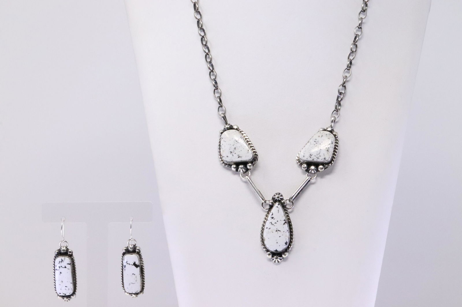 Native America Navajo Handmade Sterling Silver White Necklace & Dangling Earring's Set By Augustine (1 of 6)