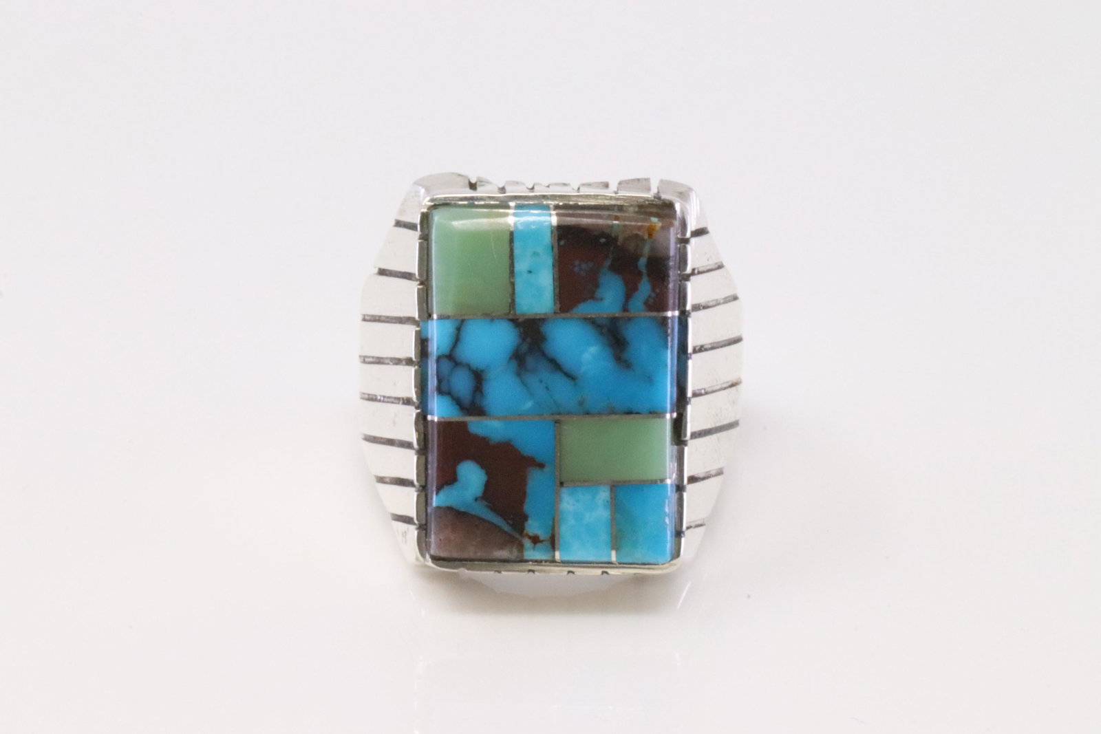 Native America Navajo Handmade Sterling Silver Multi-Color Ring By R.: This is a Native America Navajo Handmade Sterling Silver Multi-Color Ring By R. Ring size: 8.50.