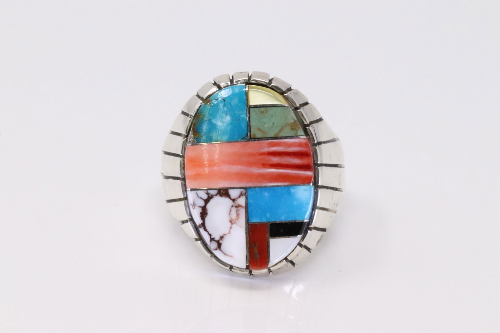 Native America Navajo Handmade Sterling Silver Multi-Color Inlay Ring By R. (1 of 4)