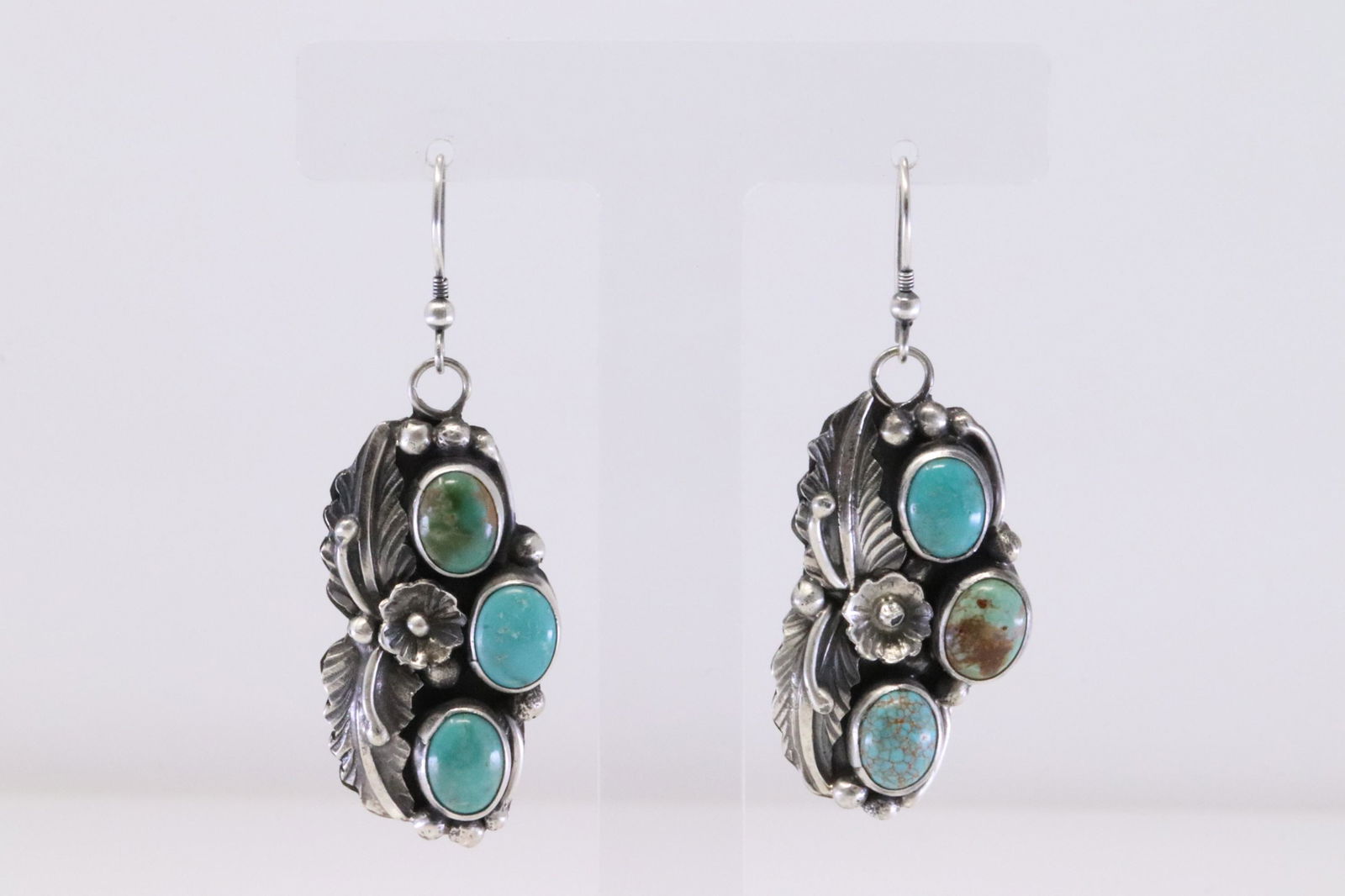 Native America Navajo Handmade Sterling Silver Turquoise Dangling Leaf Cuff Earring's By B. (1 of 4)