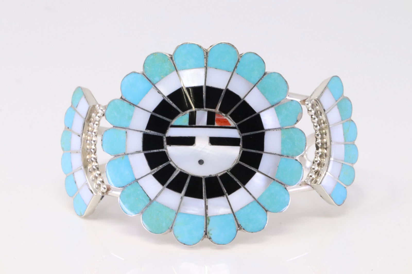 Native America Zuni Handmade Sterling Silver Multi-Color Inlay Sunface Bracelet By J.D.Massie. (1 of 4)