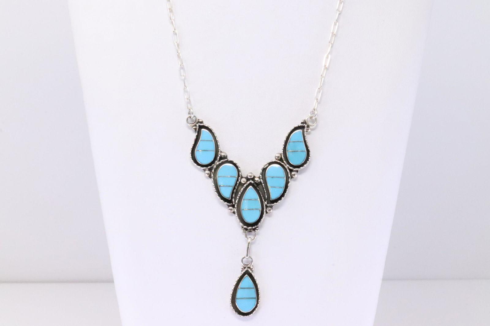 Native America Zuni Handmade Sterling Silver Turquoise Inlay Necklace & Earring's Set By Faye (1 of 7)