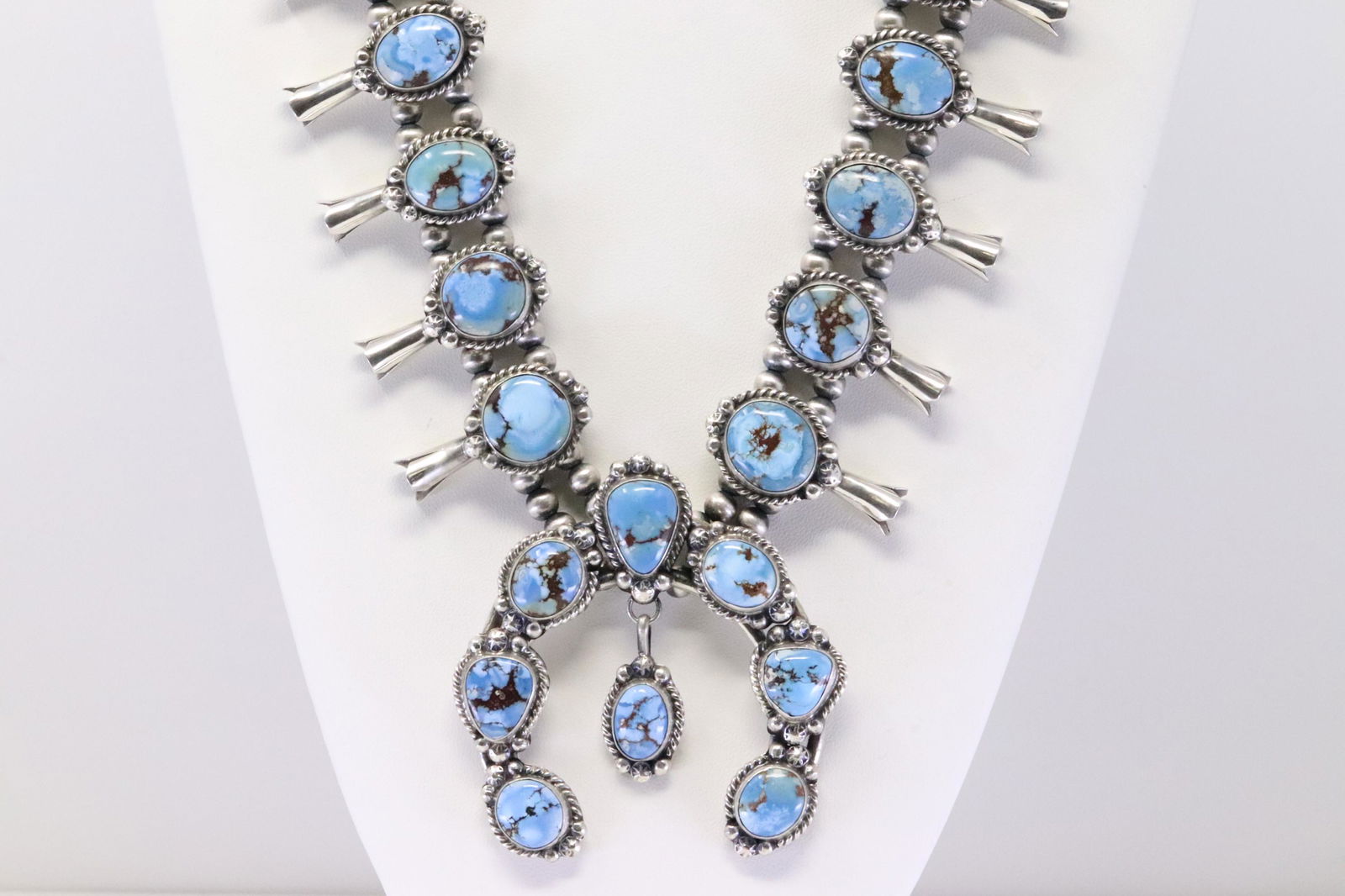 Native American Navajo Handmade Sterling Silver Golden Hill Turquoise Naja Squash Blossom Necklace & (1 of 9)