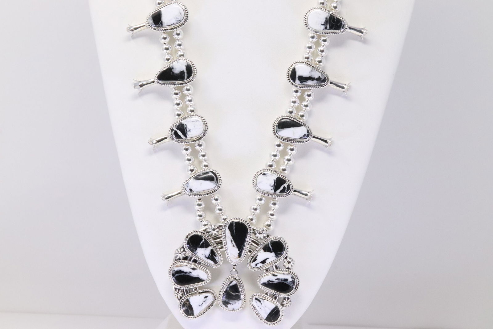 Native American Navajo Handmade Sterling Silver White Buffalo Squash Blossom Necklace & Earring's (1 of 7)