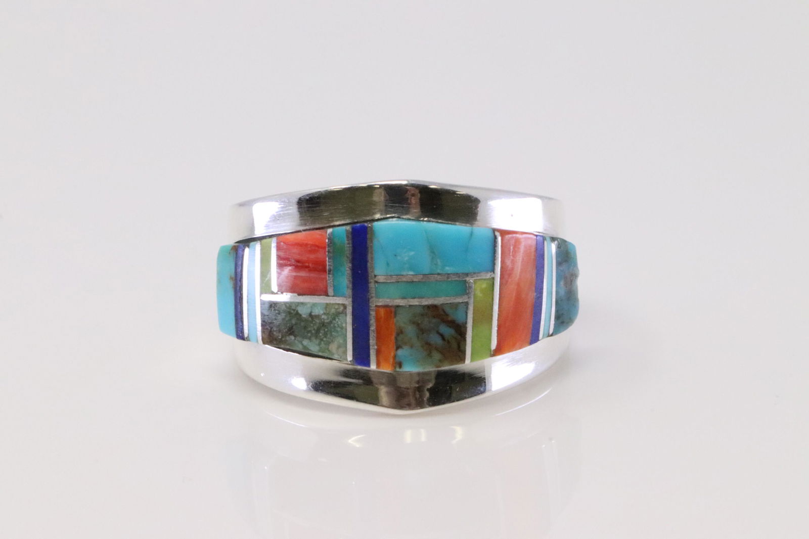 Native America Navajo Handmade Sterling Multi-Color Inlay Ring By Patricia Ed Becenti. (1 of 5)