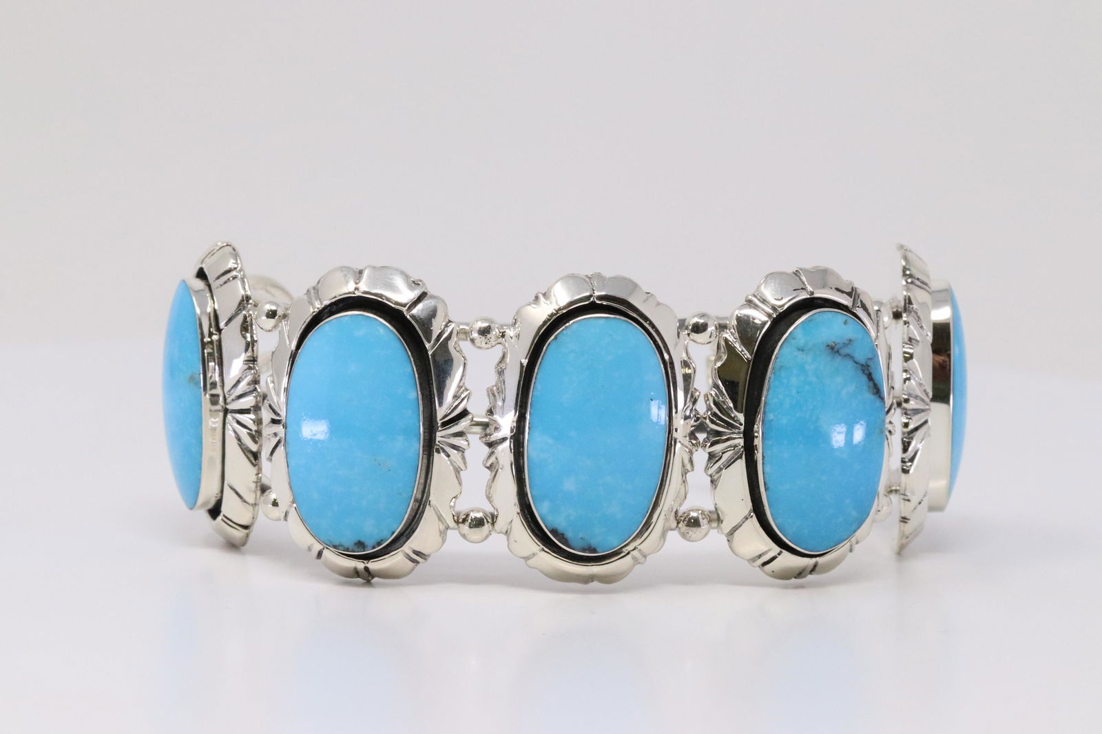 Native America Navajo Sterling Silver Turquoise Bracelet 5 Stone Cuff By R.B. (1 of 4)